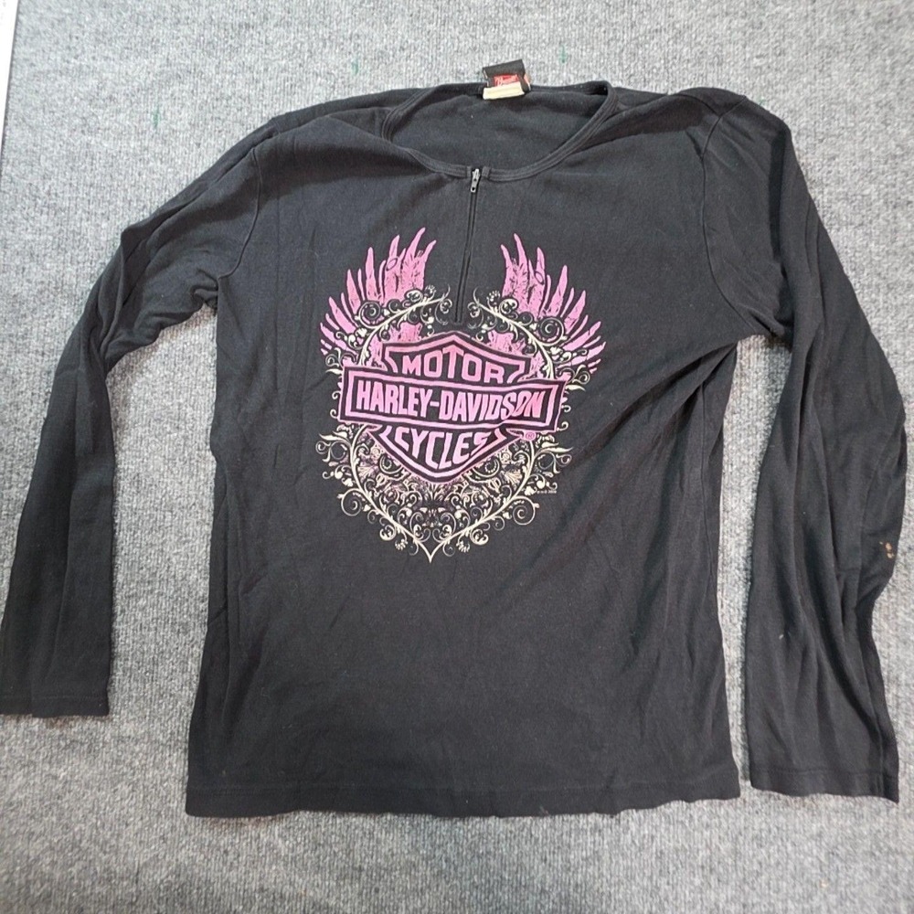 Harley-Davidson Shirt Womens XL Black Long Sleeve Zip Pink Wings Biker